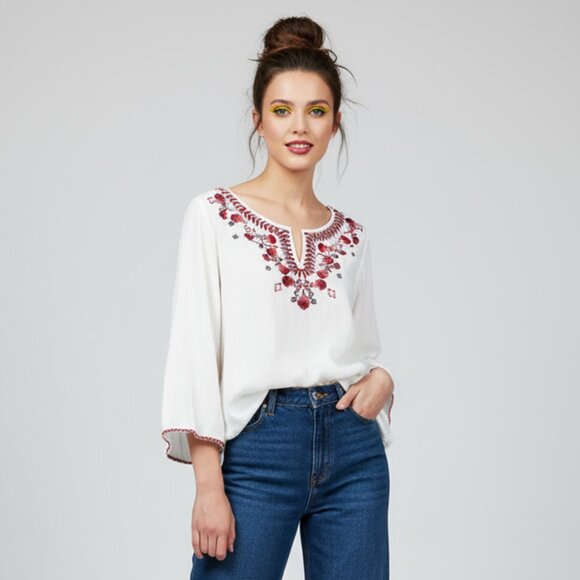 Talbots Embroidered Top White Floral Red Blouse 3/4 Sleeve Women sz Extra Large - Picture 1 of 8